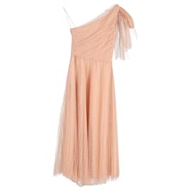 Red Valentino-Red Valentino One-shoulder Pleated Point D'esprit Tulle Midi Dress In Beige Polyester-Beige