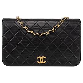 Chanel-Chanel Bolsa acolchoada em pele de cordeiro em ouro 24K com aba única-Preto