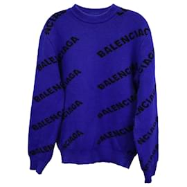 Balenciaga-Balenciaga Pull à col rond avec logo en laine bleue-Bleu