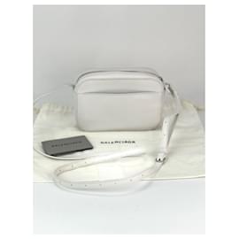 Balenciaga-Balenciaga Logo XS Everyday Camera White Leather Crossbody Bag-White,Cream