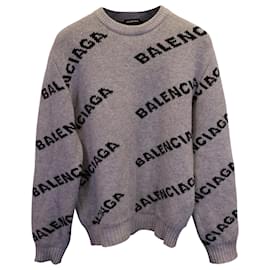 Balenciaga-Balenciaga Overall-Pullover mit Rundhalsausschnitt und Logo aus grauer Wolle-Grau