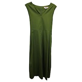 Max Mara-Max Mara V-neck Flared Midi Dress in Green Cotton-Green