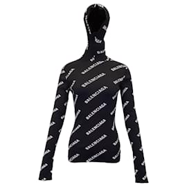 Balenciaga-Balenciaga Pull à Capuche Allover Logo en Coton Noir-Noir
