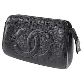 Chanel-Bolsa cosmética Chanel CC Caviar de couro A01436 em bom estado-Outro