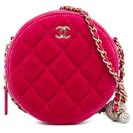 Chanel-Chanel Pink Velvet Pearl Crush Round Clutch with Chain-Pink