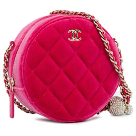 Chanel-Chanel Pink Velvet Pearl Crush Round Clutch with Chain-Pink