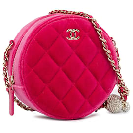 Chanel-Chanel – Runde Clutch aus rosa Samt mit Perlen und Kette-Pink