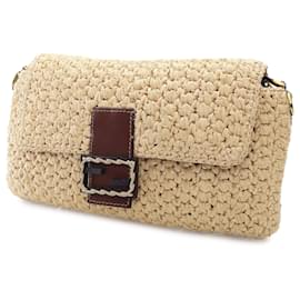 Fendi-Sac à main baguette en raphia au crochet marron Fendi-Marron,Beige