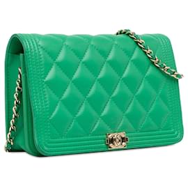 Chanel-Chanel Green Lambskin Boy Wallet On Chain-Green