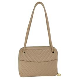 Chanel-Bolso de hombro con puntada en V y cadena CHANEL Cuero Beige CC Auth bs14094-Beige