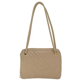 Chanel-Bolso de hombro con puntada en V y cadena CHANEL Cuero Beige CC Auth bs14094-Beige