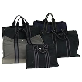 Hermès-HERMES cabas Hand Bag Canvas 5Set Noir Gris Marine Auth ki4467-Noir,Gris,Bleu Marine