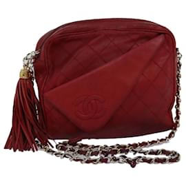 Chanel-CHANEL Matelasse Chain Shoulder Bag Lamb Skin Red CC Auth bs14220-Red