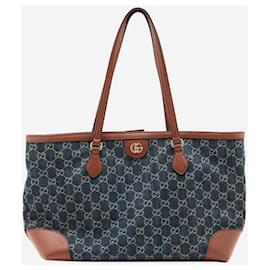 Gucci-Blue denim monogram leather trim tote bag-Blue