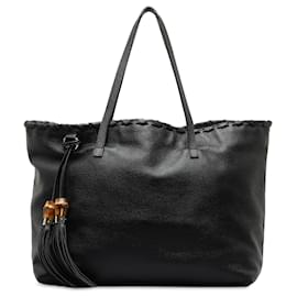 Gucci-Gucci Black Leather Bamboo Tassel Tote-Black