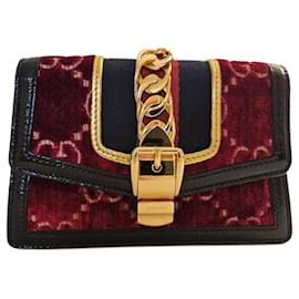 Gucci-GUCCI Velvet GG Monogram Super Mini Sylvie-Black,Dark red