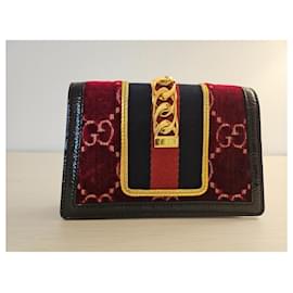 Gucci-GUCCI Velvet GG Monogram Super Mini Sylvie-Black,Dark red