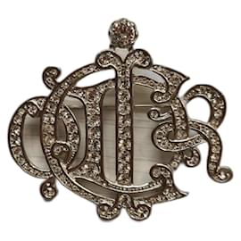 Christian Dior-Christian Dior Silver Tone  Monogram Brooch with Crystals-Silvery