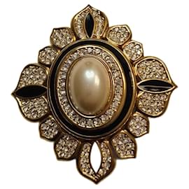 Christian Dior-Broche et pendentif vintage en plaqué or de Christian Dior avec perles et cristaux.-Noir,Beige,Doré