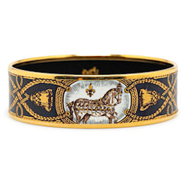 Hermès-Hermès Black Grand Apparat Wide Enamel Bangle-Black,Golden