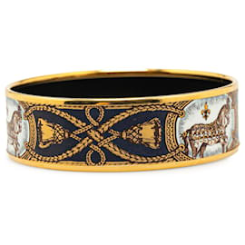 Hermès-Hermès Black Grand Apparat Wide Enamel Bangle-Black,Golden