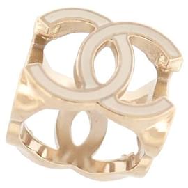 Chanel-NEW CHANEL CUBE RING CC LOGO GOLD METAL WHITE LACQUER STEEL 52 NEW RING-Golden