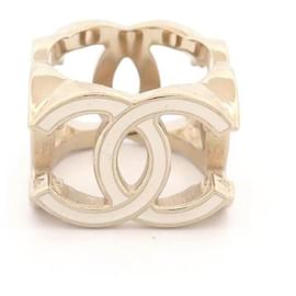 Chanel-NEUF BAGUE CHANEL CUBE LOGO CC METAL DORE LAQUE BLANCHE STEEL 52 NEW RING-Doré