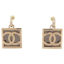 Chanel-NINE CC LOGO SQUARE DANGING EARRINGS GOLDEN METAL GOLDEN EARRINGS-Golden