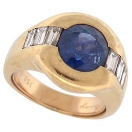 Poiray-VINTAGE POIRAY RING SET WITH SAPPHIRE & BAGUETTE DIAMONDS T57 IN 18K YELLOW GOLD RING-Golden