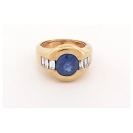 Poiray-VINTAGE POIRAY RING SET WITH SAPPHIRE & BAGUETTE DIAMONDS T57 IN 18K YELLOW GOLD RING-Golden
