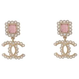 Chanel-NEW CHANEL PENDANT EARRINGS LOGO CC STRASS PINK STONE EARRING-Golden