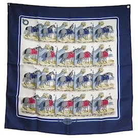 Hermès-FOULARD HERMES ECURIES HUGO GRYGKAR SOIE BLEU CARRE 90 SILK SCARF + BOITE-Bleu Marine