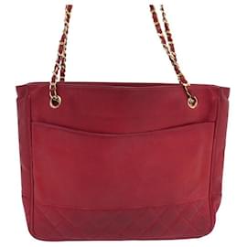 Chanel-BOLSO DE MANO VINTAGE CHANEL TOTE SHOPPING BOLSO DE MANO DE PIEL ACOLCHADA ROJA-Roja