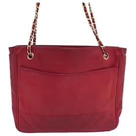 Chanel-VINTAGE SAC A MAIN CHANEL CABAS SHOPPING CUIR MATELASSE ROUGE HAND BAG-Rouge