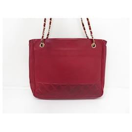 Chanel-VINTAGE SAC A MAIN CHANEL CABAS SHOPPING CUIR MATELASSE ROUGE HAND BAG-Rouge