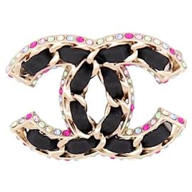 Chanel-NEUF BROCHE CHANEL LOGO CC ET STRASS MULTICOLORES EN METAL NEW GOLD BROOCH-Doré