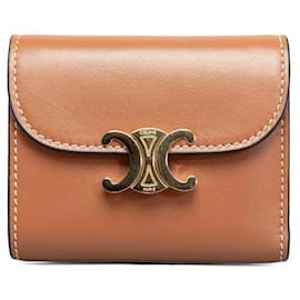 Céline-Celine Celine Trionf Small Wallet Brown Leather with Gold Hardware Leather Short Wallet in Good condition-Brown
