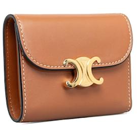 Céline-Celine Celine Trionf Small Wallet Brown Leather with Gold Hardware Leather Short Wallet in Good condition-Brown