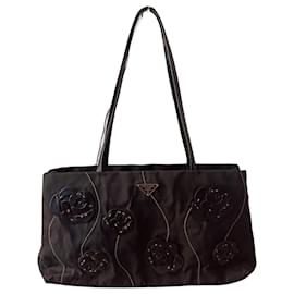 Prada-Vintage Prada 1990s Nylon Handbag with Leather Flower Appliqué-Black