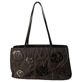 Prada-Vintage Prada 1990s Nylon Handbag with Leather Flower Appliqué-Black