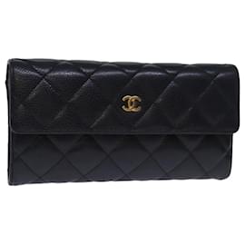 Chanel-Portafoglio lungo CHANEL Matelasse Pelle di caviale Nero CC Auth yk12519-Nero