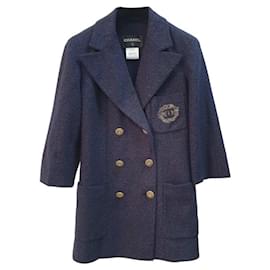 Chanel-Chanel Tweed Double Breasted Coat Blazer-Dark blue