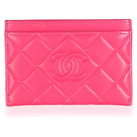 Chanel-Tarjetero Chanel de piel de cordero acolchada rosa con puntada de diamantes CC-Rosa
