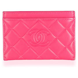 Chanel-Porta carte Chanel in pelle di agnello trapuntata rosa CC con punto diamante-Rosa