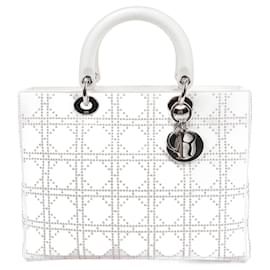 Dior-Christian Dior Bolso de mano Lady Dior Cannage de cuero x diamantes de imitación en blanco-Blanco