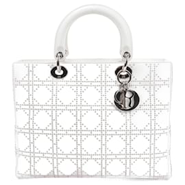 Dior-Christian Dior Lady Dior Cannage Leather x Rhinestone 2Way Handbag in White-White