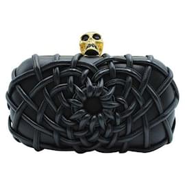 Alexander Mcqueen-Alexander Mcqueen Black Braided Box Clutch With Skull-Black