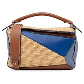 Loewe-Bolso satchel Puzzle LOEWE mediano azul de piel y rafia multicolor-Azul