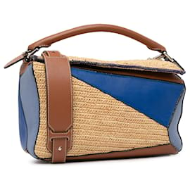 Loewe-LOEWE Azul Médio Multicolor Couro e Bolsa Puzzle Ráfia-Azul