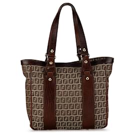 Fendi-Fendi Brown Zucchino Canvas Tote-Brown,Beige